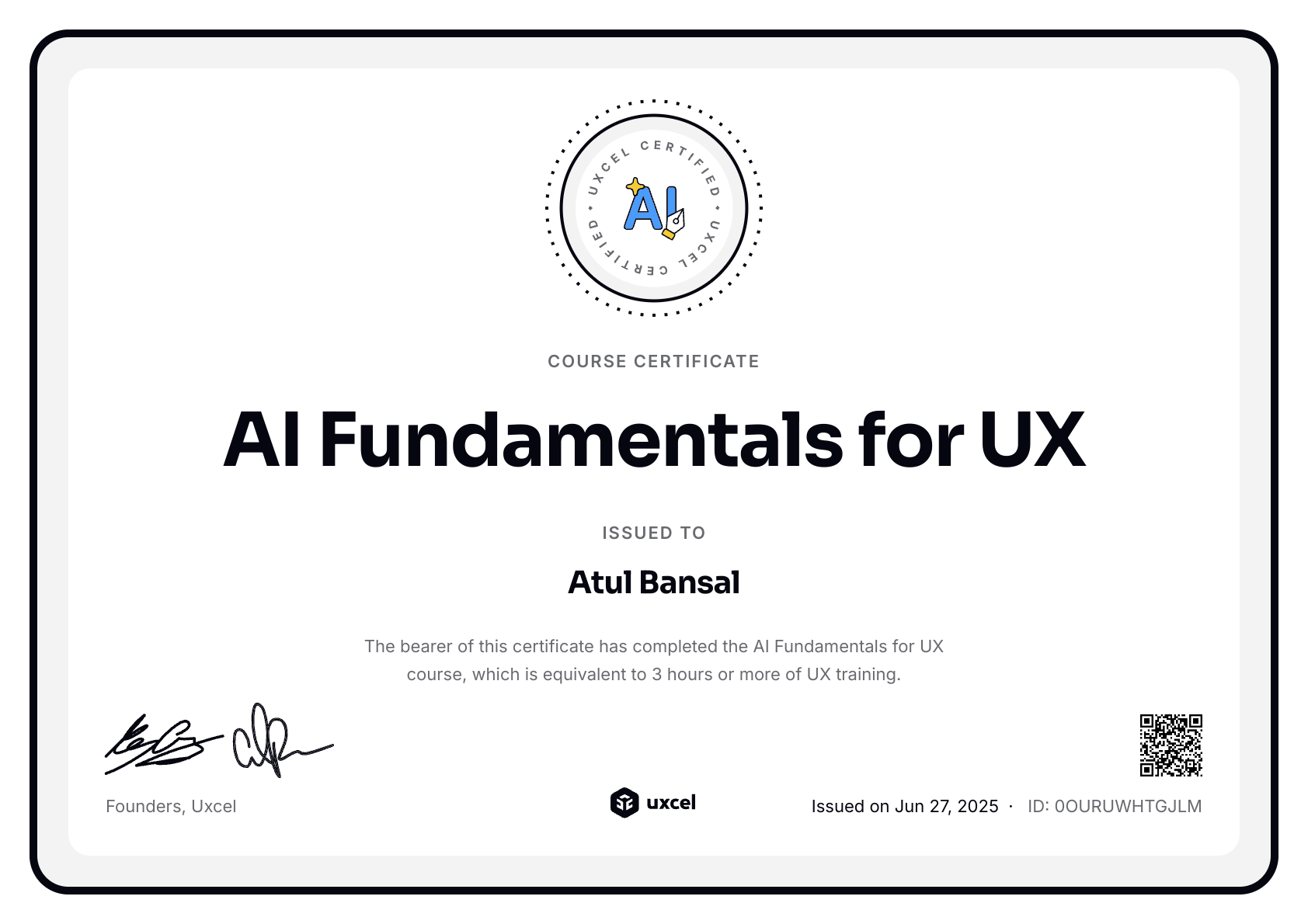 Atul Bansal's certificate